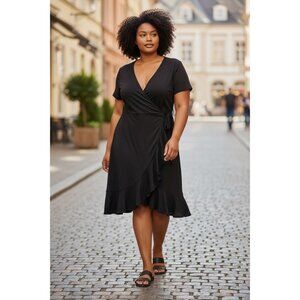 Nemidor Womens Plus Size 16 Black Jersey Knit Wrap Dress Ruffle Hem Minimalist